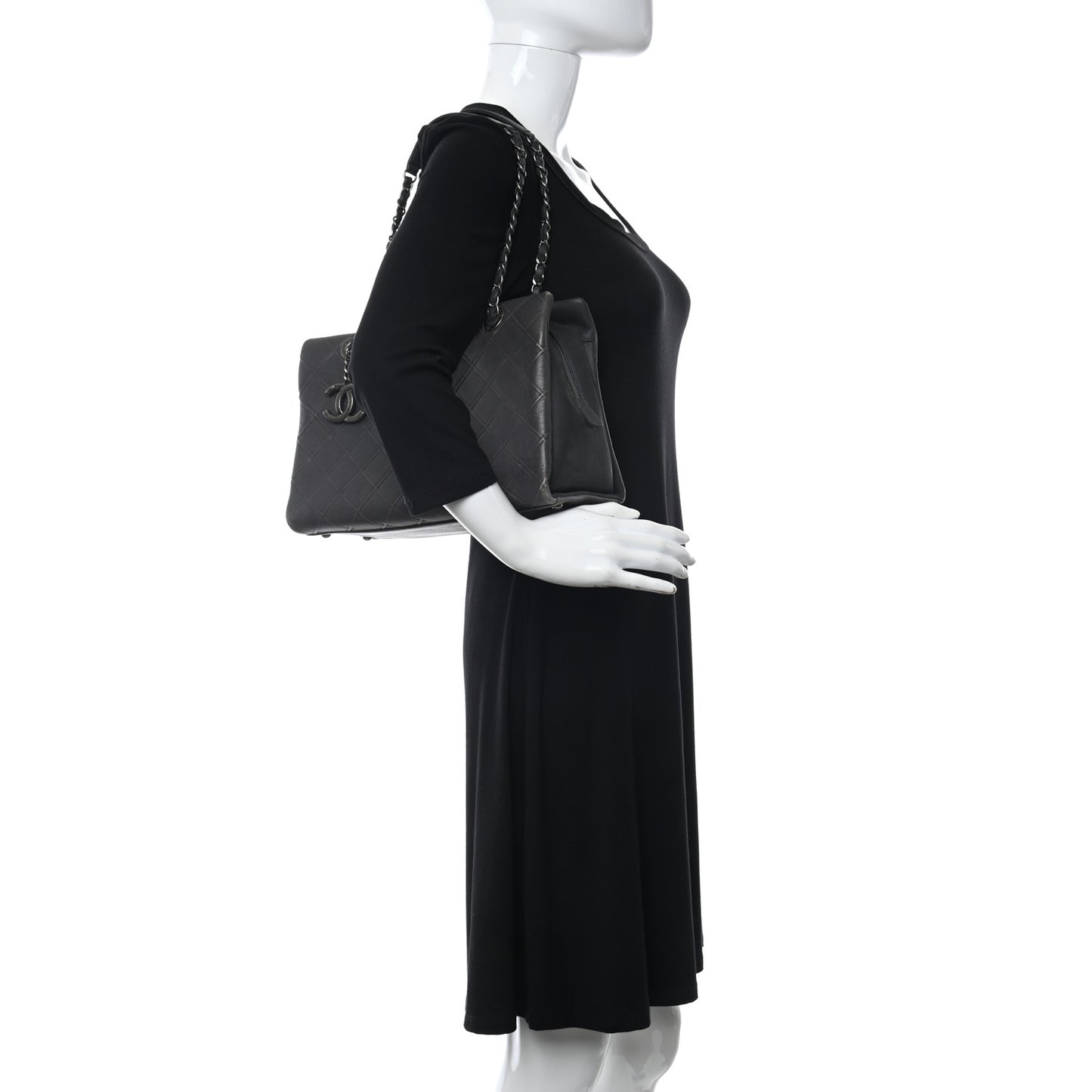 Calfskin Diamond Embossed Large CC Zip Shopping Tote Grey