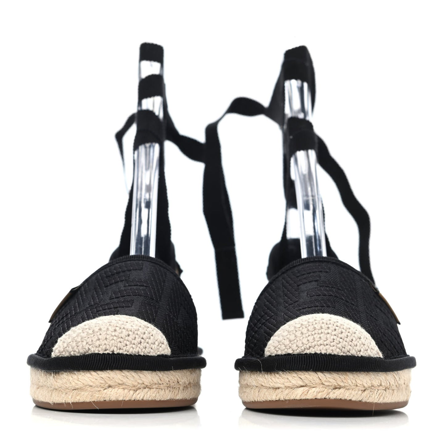 Canvas FF Embroidered Roma Ankle Wrap Flat Espadrilles 36 Black
