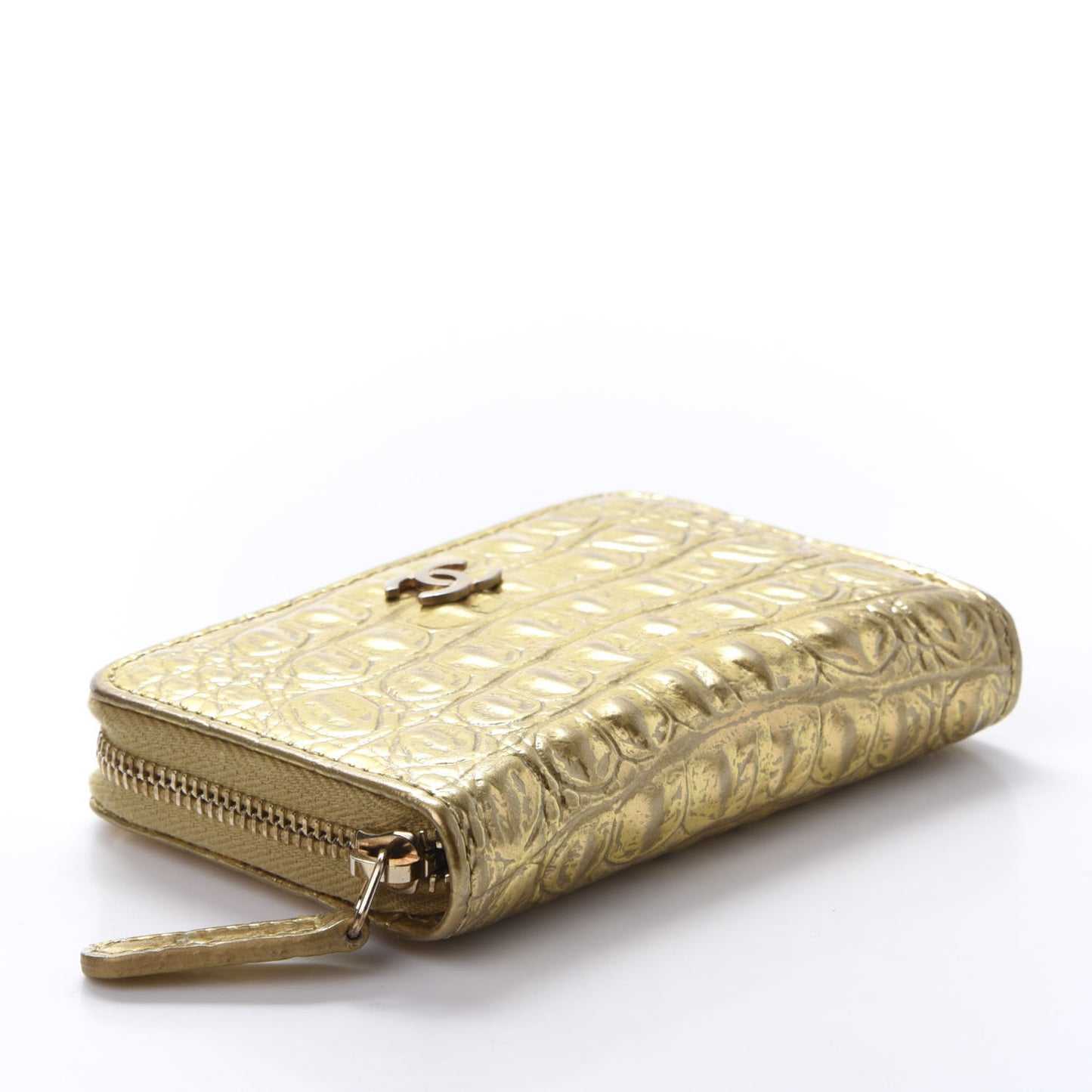Metallic Calfskin Crocodile Embossed Cocodile Zip Coin Case Gold