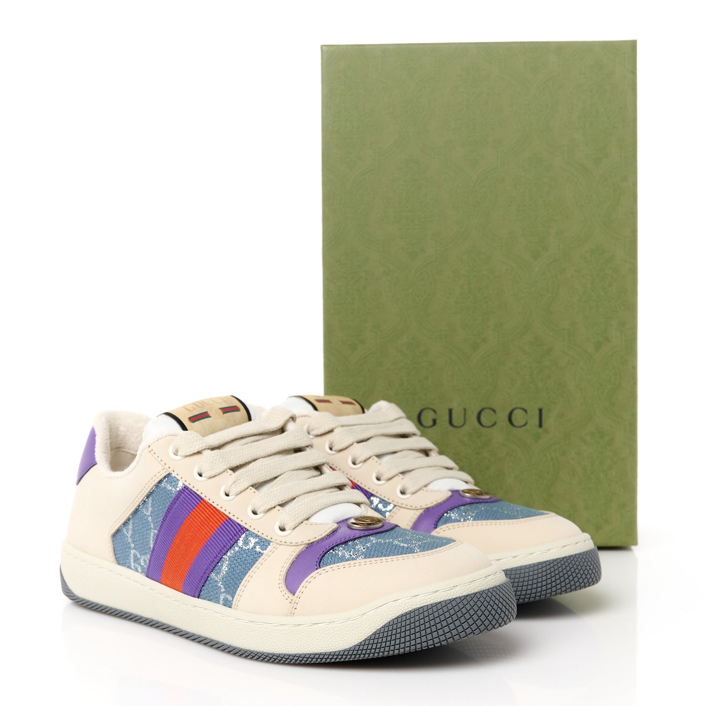 Calfskin Lame GG Monogram Web Womens Screener Sneakers 39.5 Blue Silver Dusty Milk Shine Purple