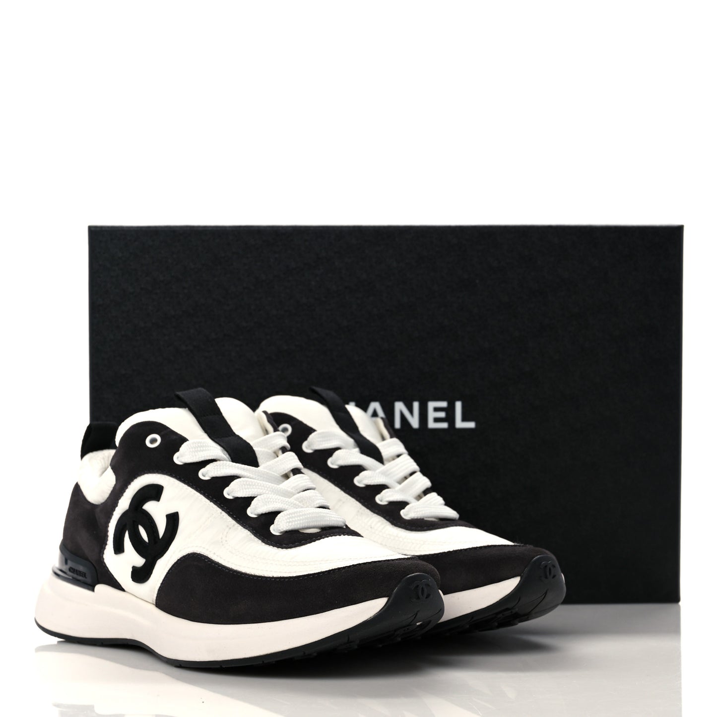 Nylon Suede Calfskin CC Sneakers 38.5 White Dark Grey