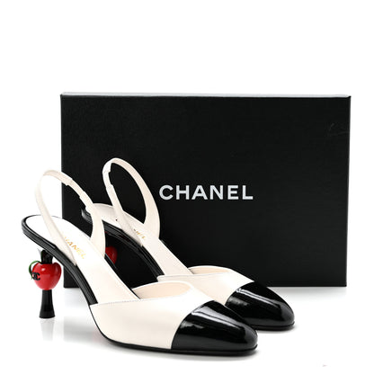 Chanel Lambskin Patent Calfskin Cap Toe CC Apple Slingback Pumps 38 White Black 10 of 10