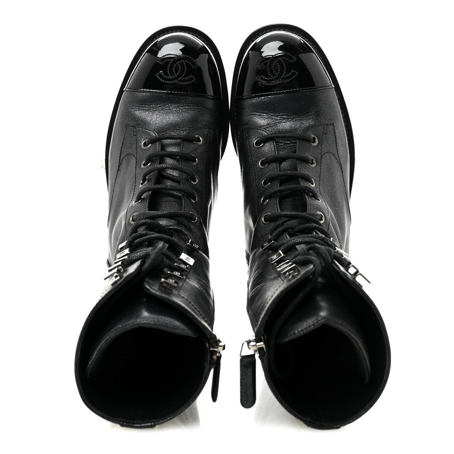 Iridescent Calfskin Patent Cap Toe Lace Up Combat Boots 38 Black