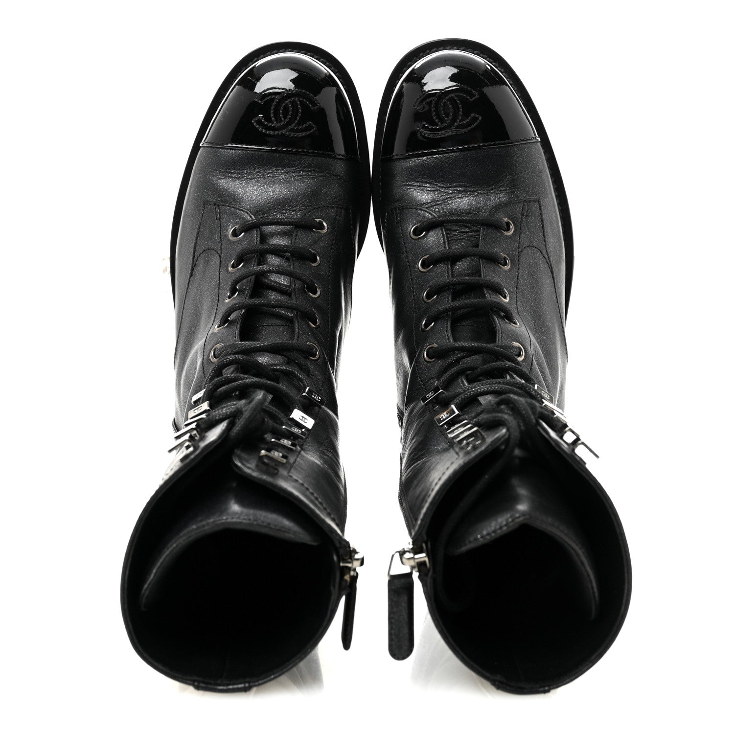 Chanel Iridescent Calfskin Patent Cap Toe Lace Up Combat Boots 38 Black 2 of 11