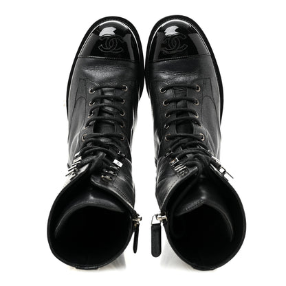 Chanel Iridescent Calfskin Patent Cap Toe Lace Up Combat Boots 38 Black 2 of 11