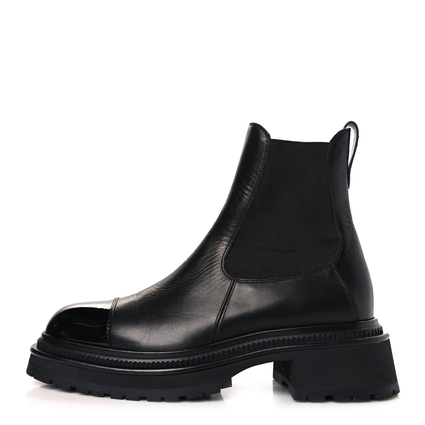 Crumpled Calfskin Patent Cap Toe Short Boots 39.5 Black