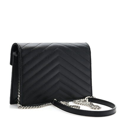 Saint Laurent Grain De Poudre Matelasse Chevron Monogram Envelope Chain Wallet Black 3 of 8