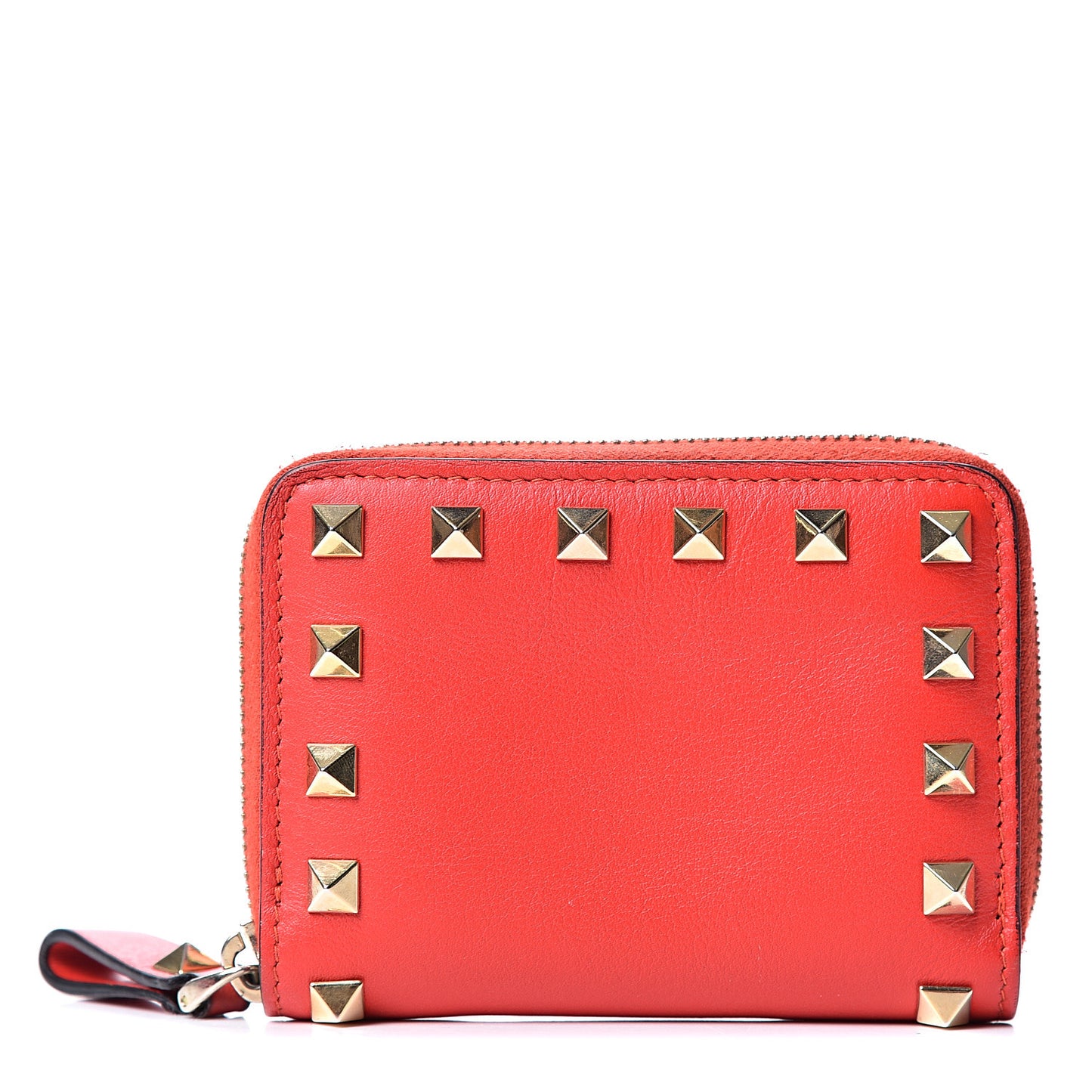 Calfskin Rockstud Zip Around Coin Case Card Holder Deep Orange