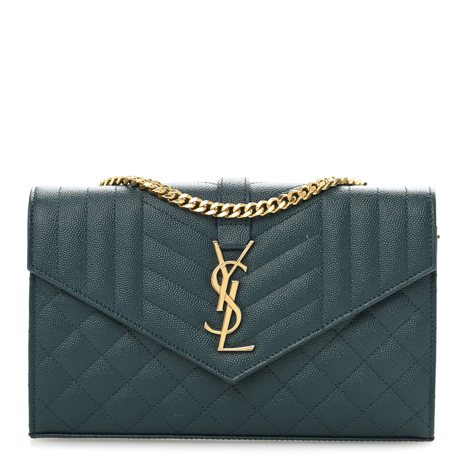 Saint Laurent Grain De Poudre Mixed Matelasse Triquilt Monogram Chain Wallet Sea Turquoise 1 of 13