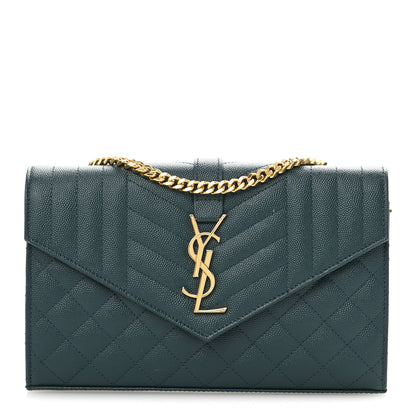 Saint Laurent Grain De Poudre Mixed Matelasse Triquilt Monogram Chain Wallet Sea Turquoise 1 of 13
