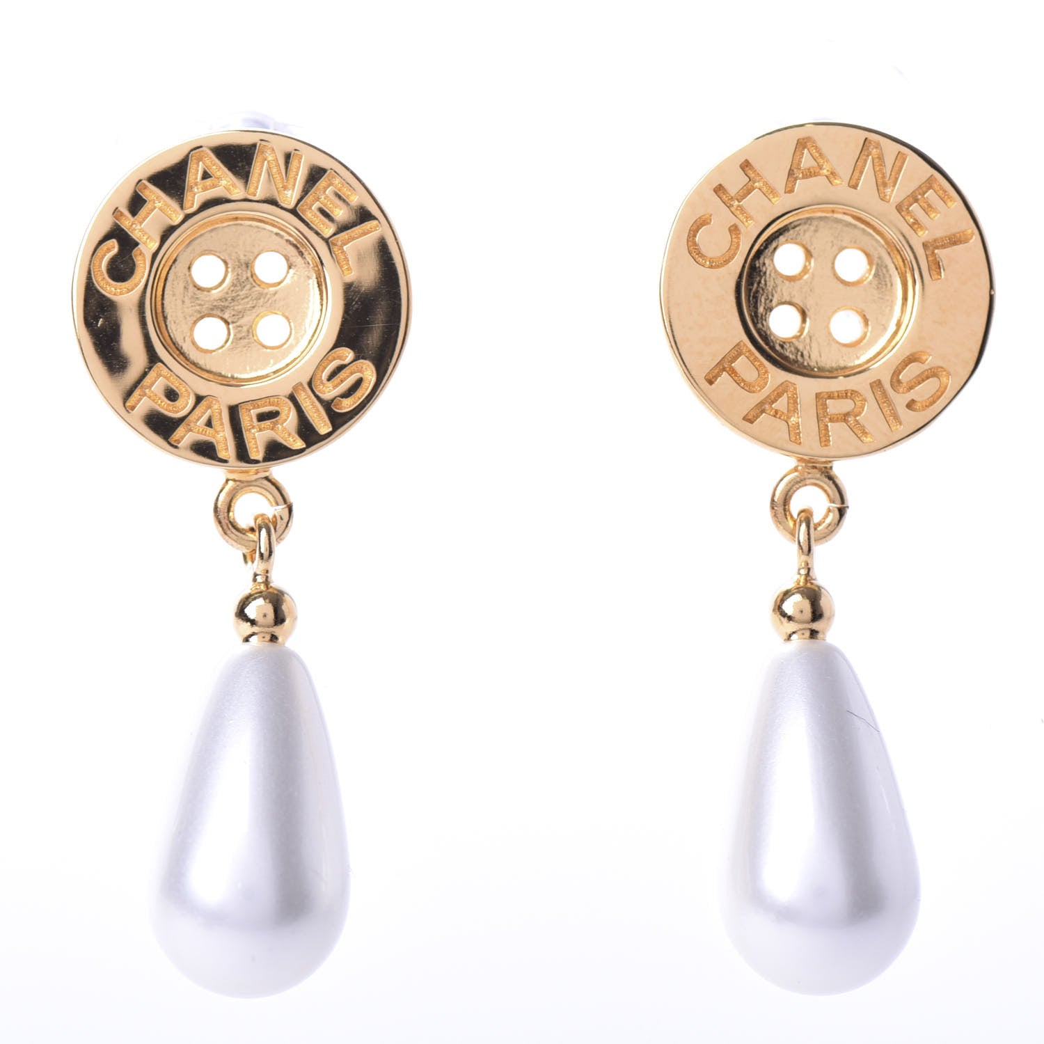 Chanel Metal Pearl Paris Button Drop Earrings Gold 1 of 5