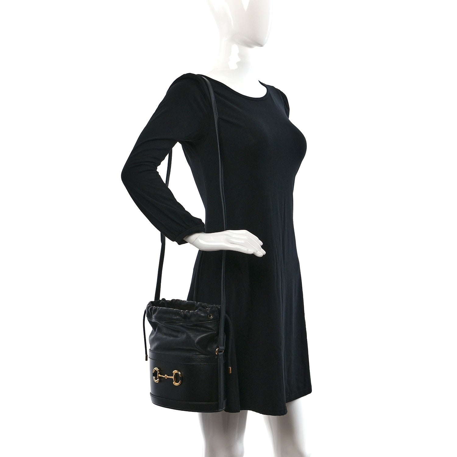Gucci Azalea Sakai Calfskin Horsebit 1955 Drawstring Bucket Bag Black 2 of 12