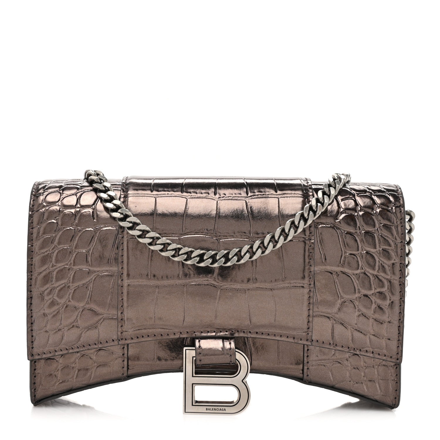 Balenciaga Shiny Metallic Calfskin Crocodile Embossed Hourglass Chain Bag Dark Bronze 1 of 14