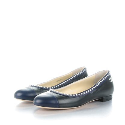 Chanel Lambskin Pearl Cap Toe CC Ballerina Flats 40 Black Navy 3 of 9