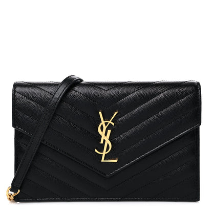 Saint Laurent Grain De Poudre Matelasse Chevron Monogram Envelope Chain Wallet Black 1 of 9