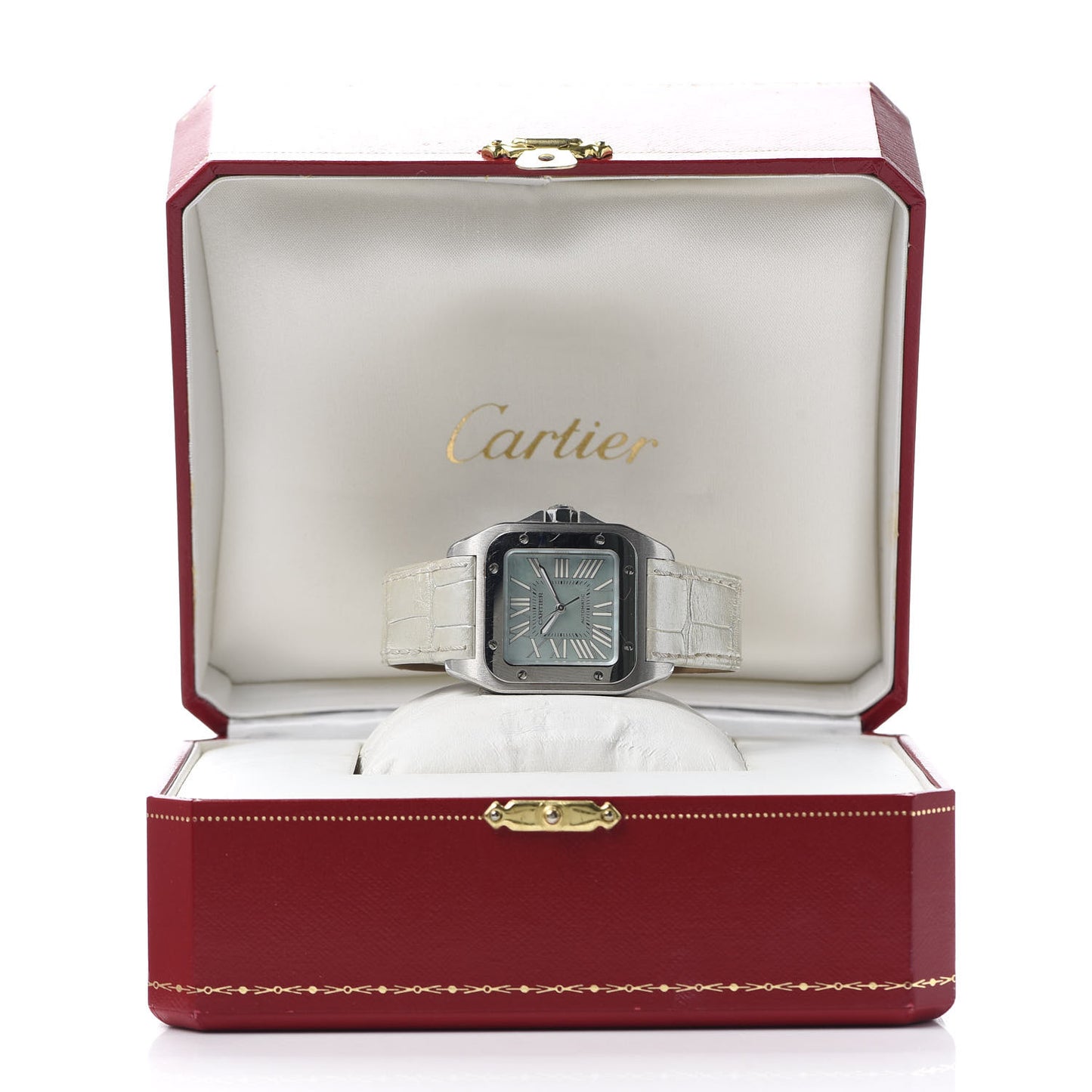 Stainless Steel Alligator Blue Mother of Pearl 32mm Santos 100 Automatic Watch