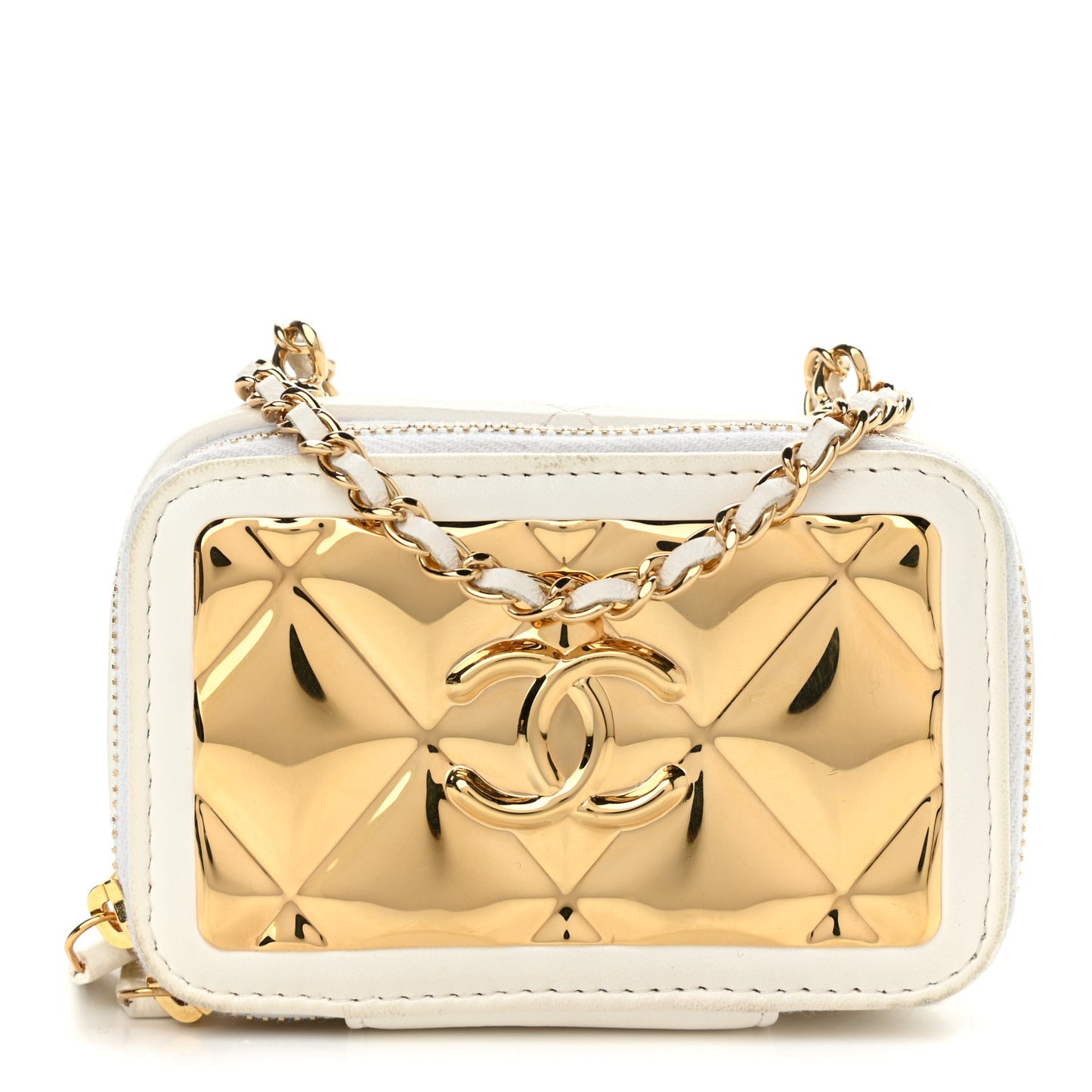 Lambskin Metal Quilted Extra Mini Vanity Case With Chain White Gold