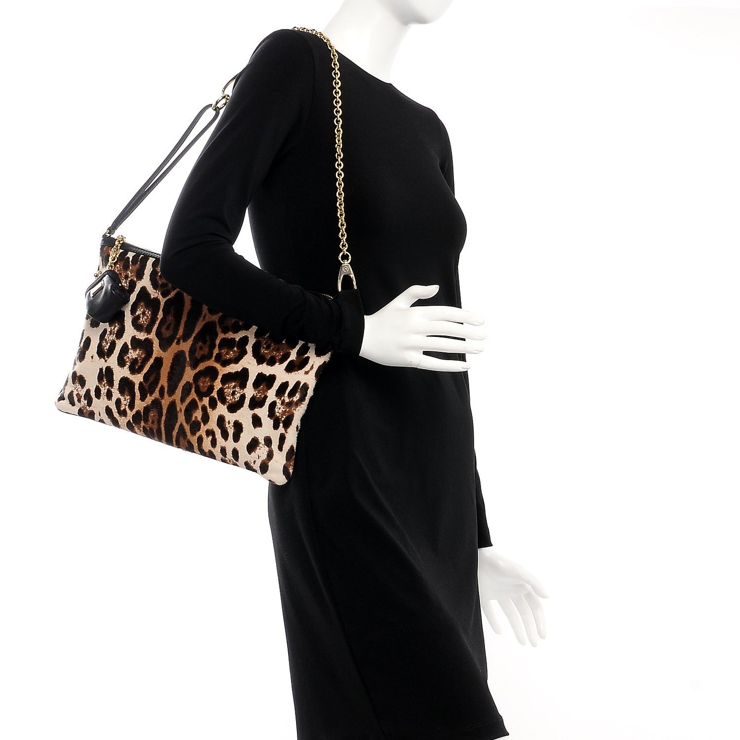 Sequin Leopard Print Calf Hair Chain Clutch Beige Bottle Green