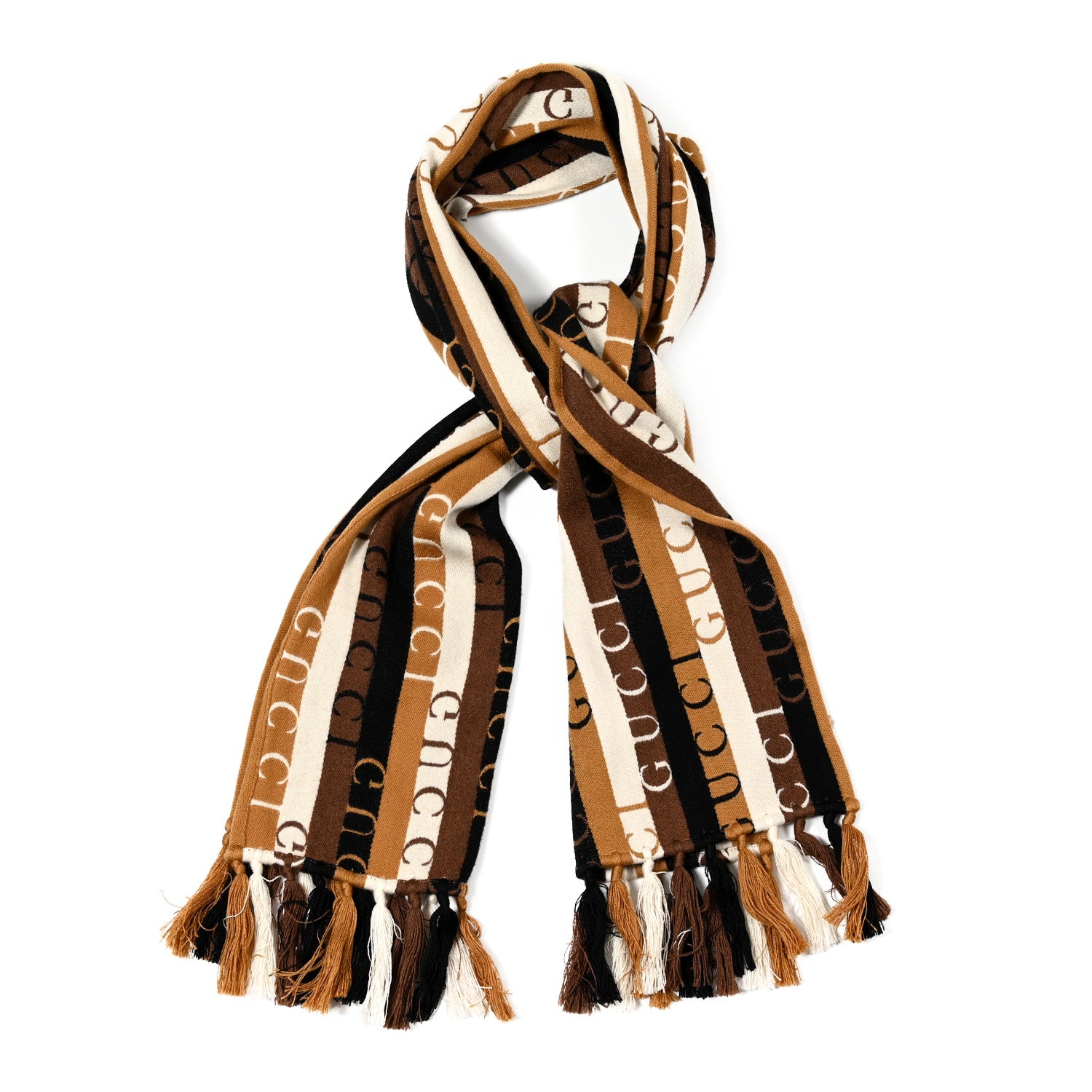 Gucci Wool Cotton Logo Wood Stripes Scarf Light Brown Dark Brown 1 of 4