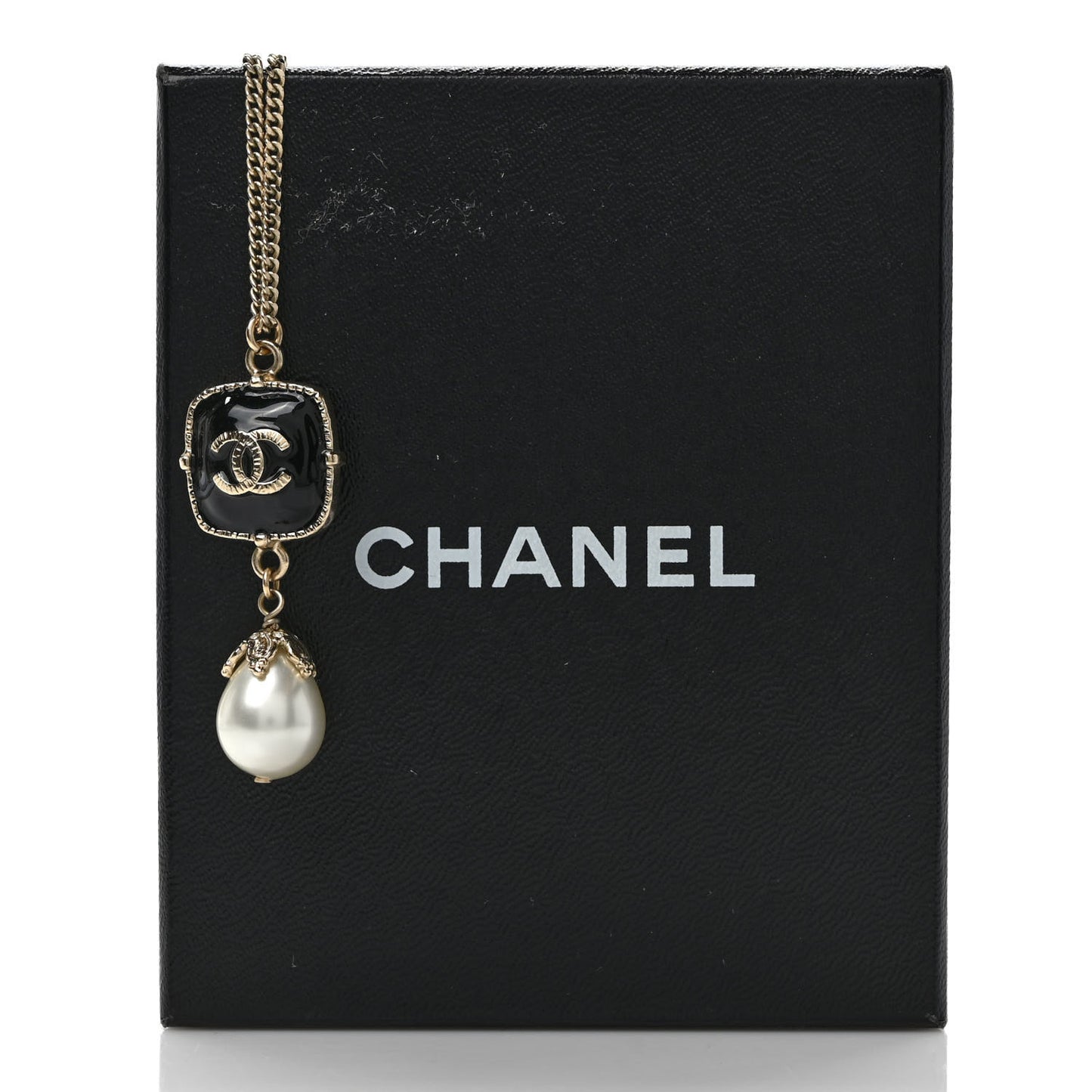 Enamel Pearl CC Drop Necklace Black Gold