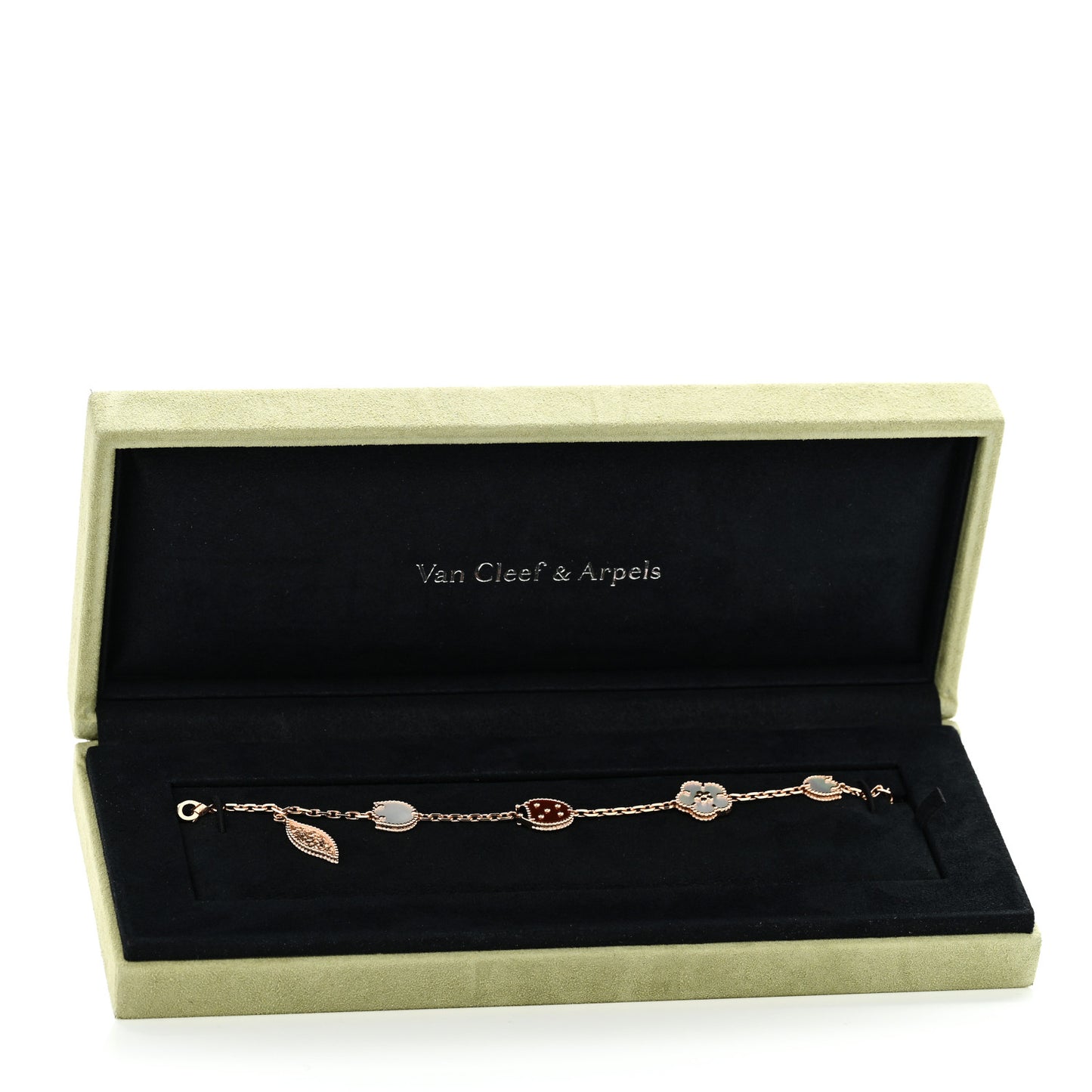 18K Rose Gold Carnelian Mother of Pearl Onyx 5 Motifs Lucky Spring Bracelet