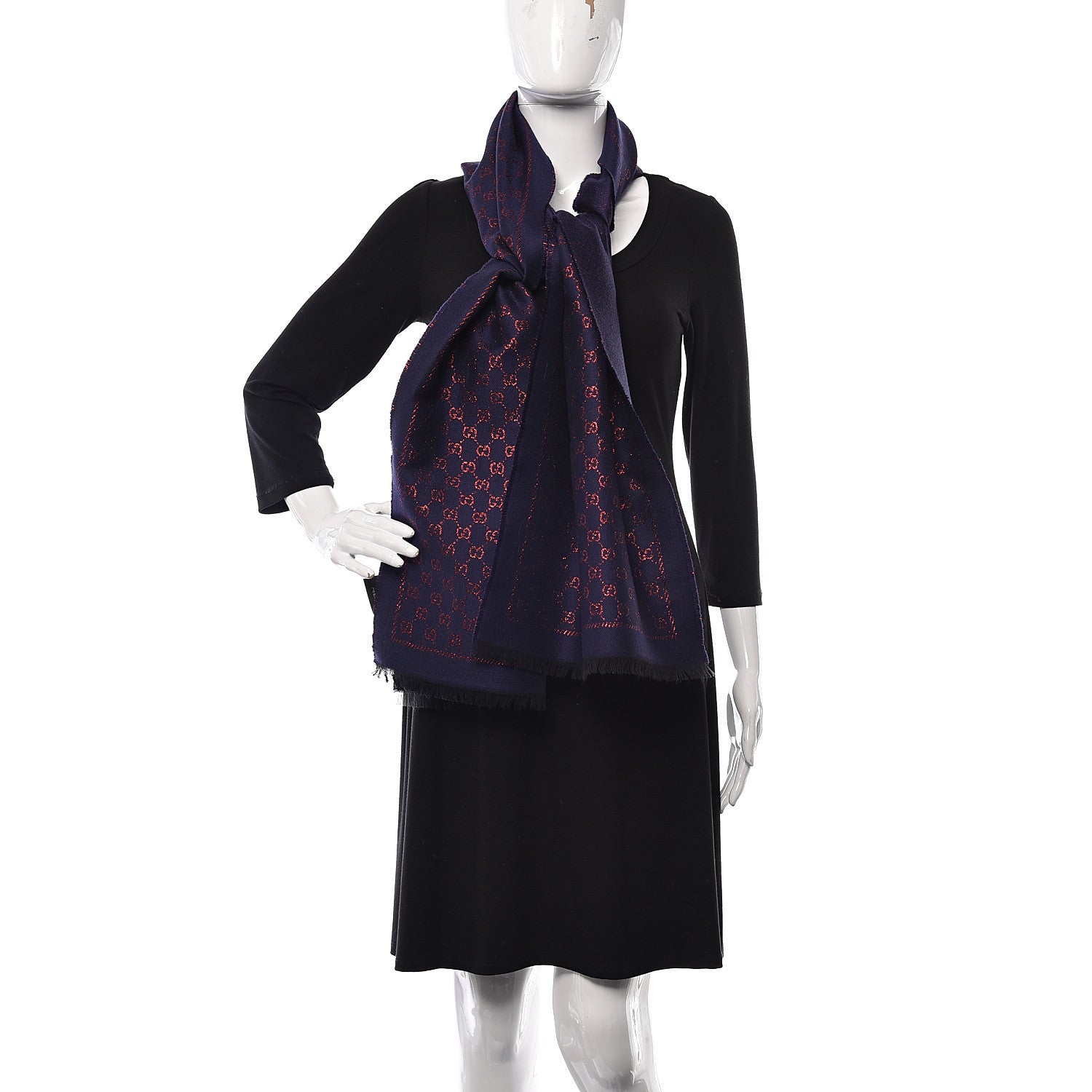 Gucci Wool Silk Jacquard GG Monogram Stenix Scarf Navy Red 2 of 5