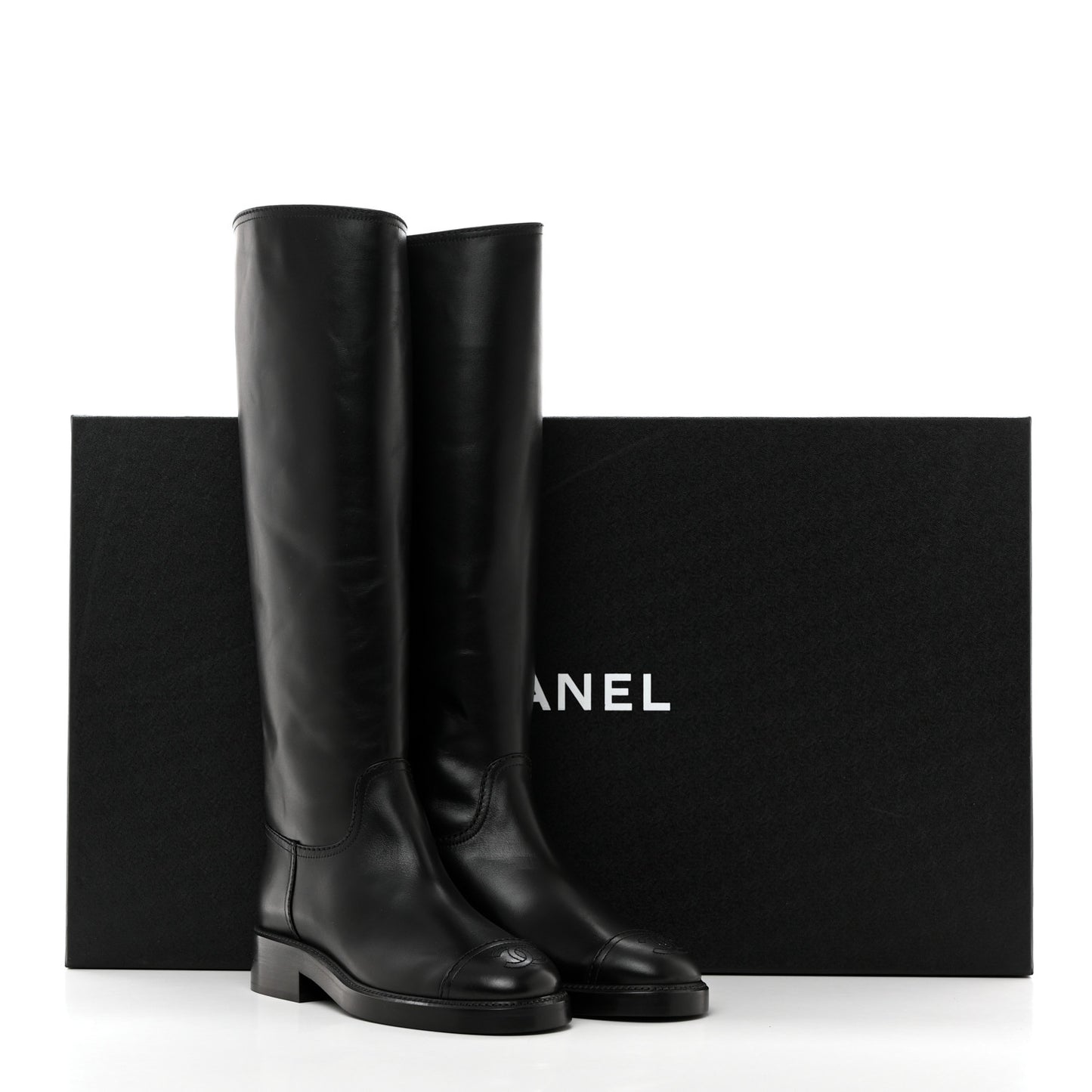 Calfskin Cap Toe High Boots 36 Black