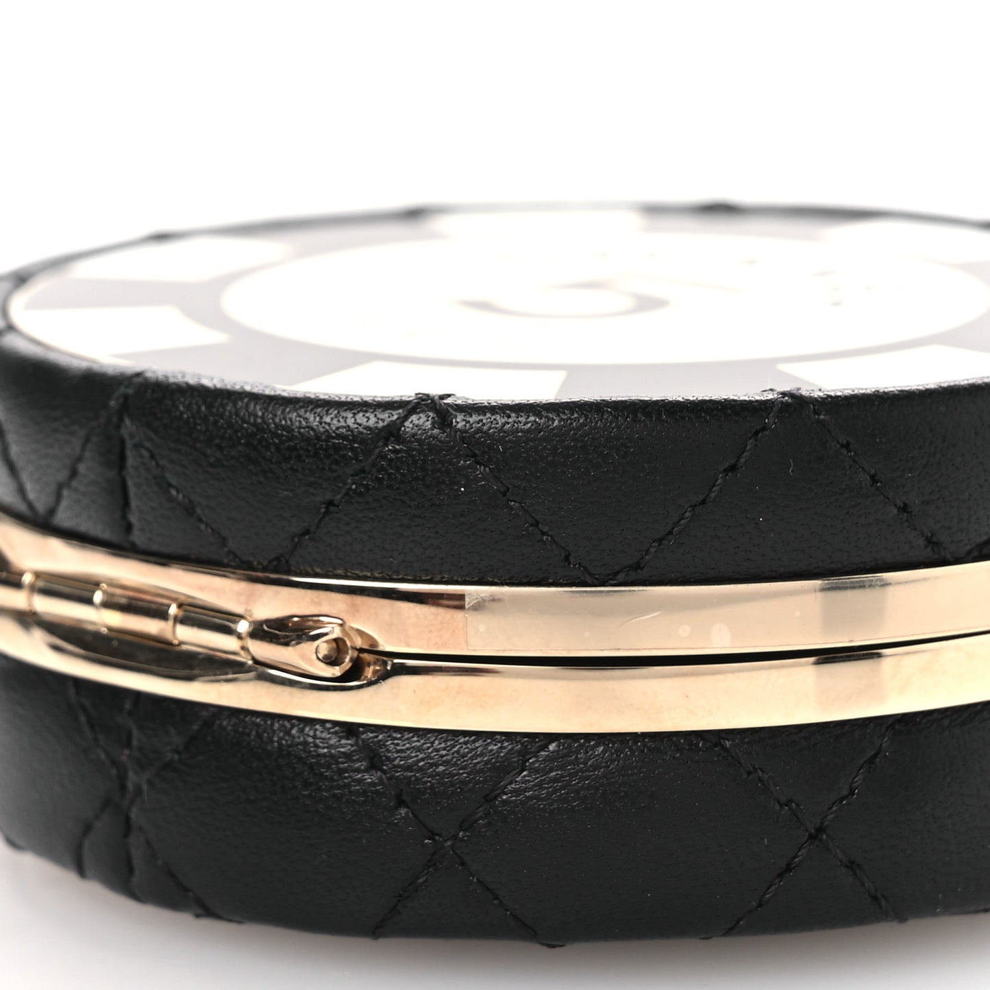 Lambskin Enamel Quilted Round Poker Chip Clutch With Chain Black White