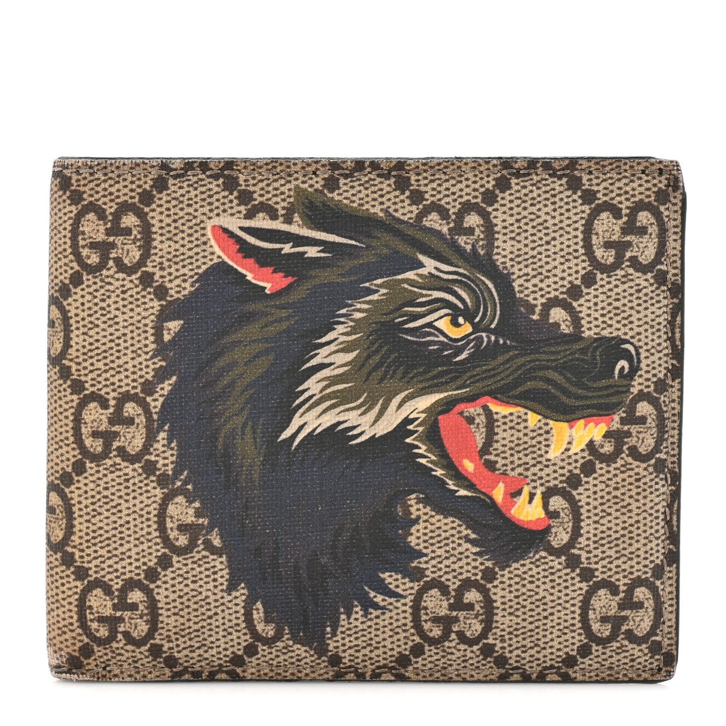 GG Supreme Monogram Selleria Calfskin Wolf Nice Bi-Fold Wallet Beige Ebony Multicolor Black