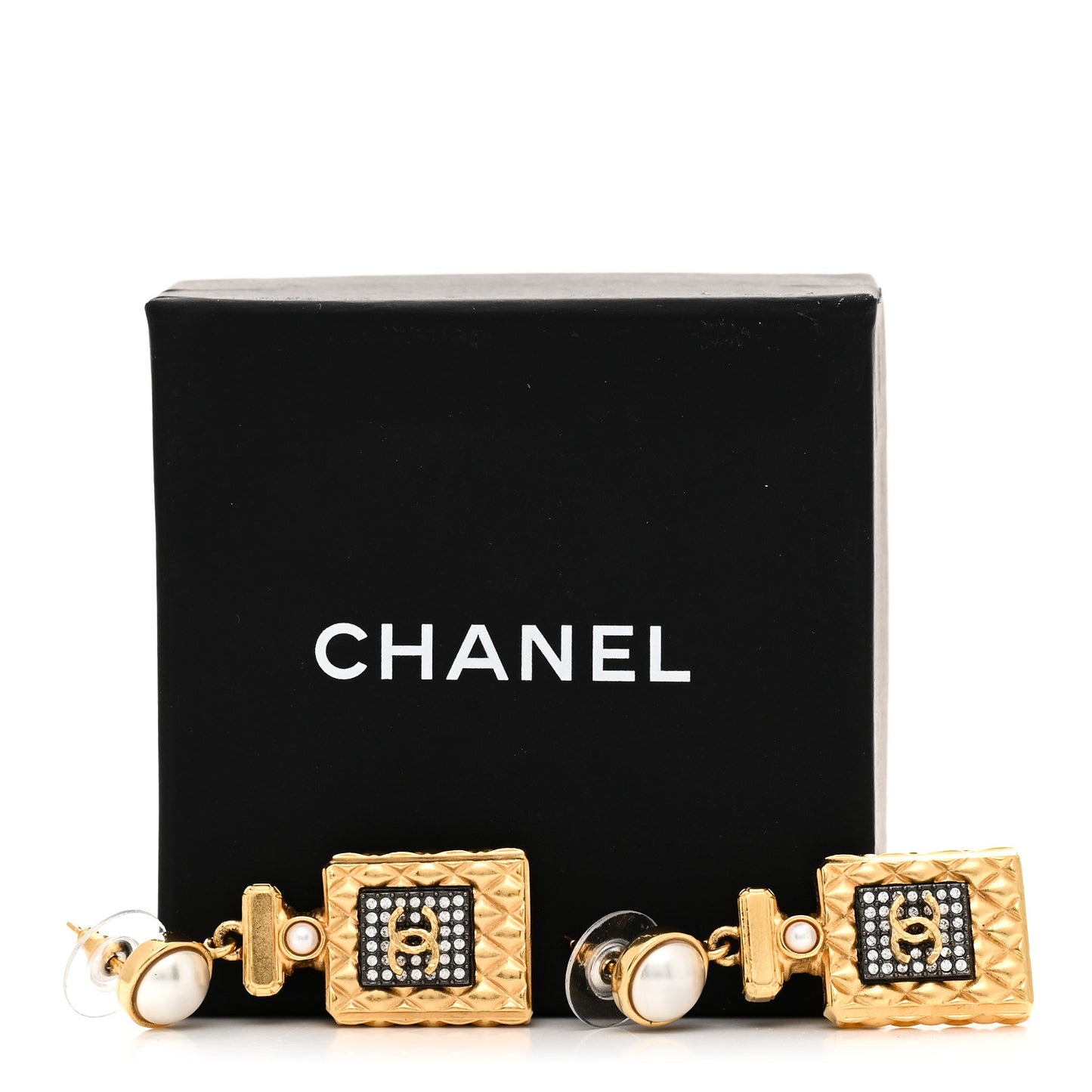 Crystal Pearl CC Perfume Bottle Drop Earrings Gold