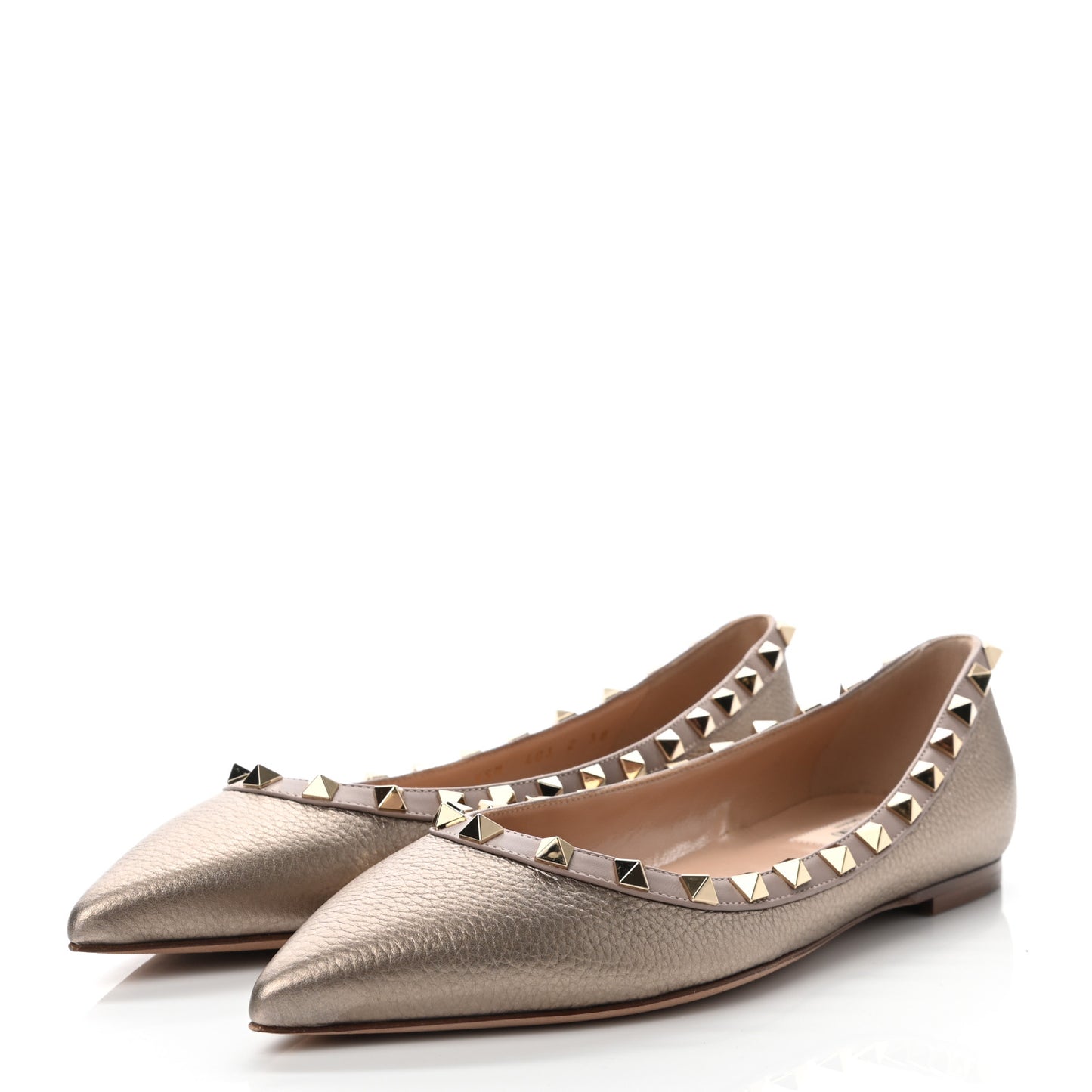 Metallic Pebbled Calfskin Rockstud Ballerina Flats 38 Sasso Poudre