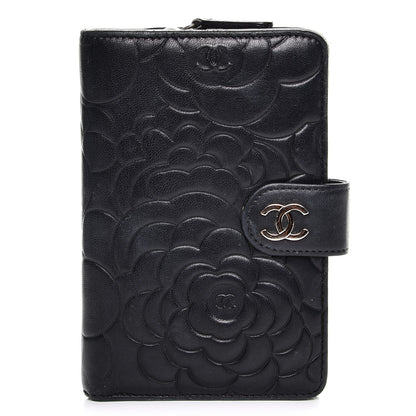 Chanel Lambskin Camellia Embossed Zipped Pocket Wallet Black 1 of 9