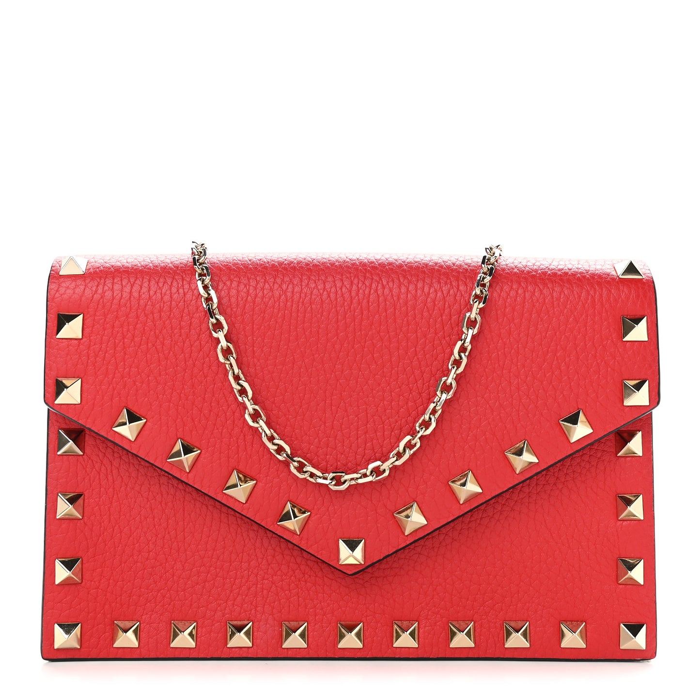 Pebbled Calfskin Rockstud Envelope Wallet on Chain Rouge Pur