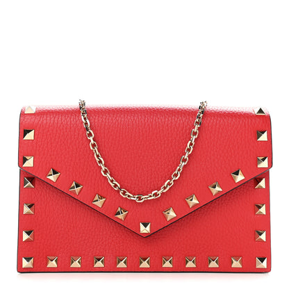 Valentino Garavani Pebbled Calfskin Rockstud Envelope Wallet on Chain Rouge Pur 1 of 8