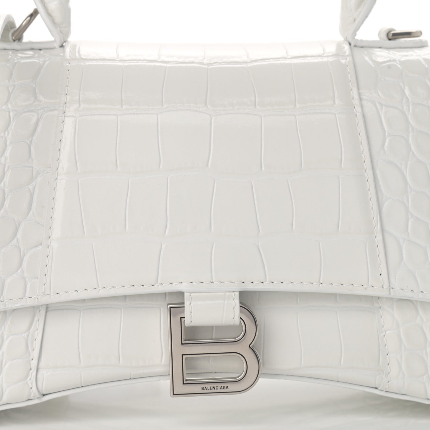 Calfskin Crocodile Embossed Small Hourglass Top Handle Bag White