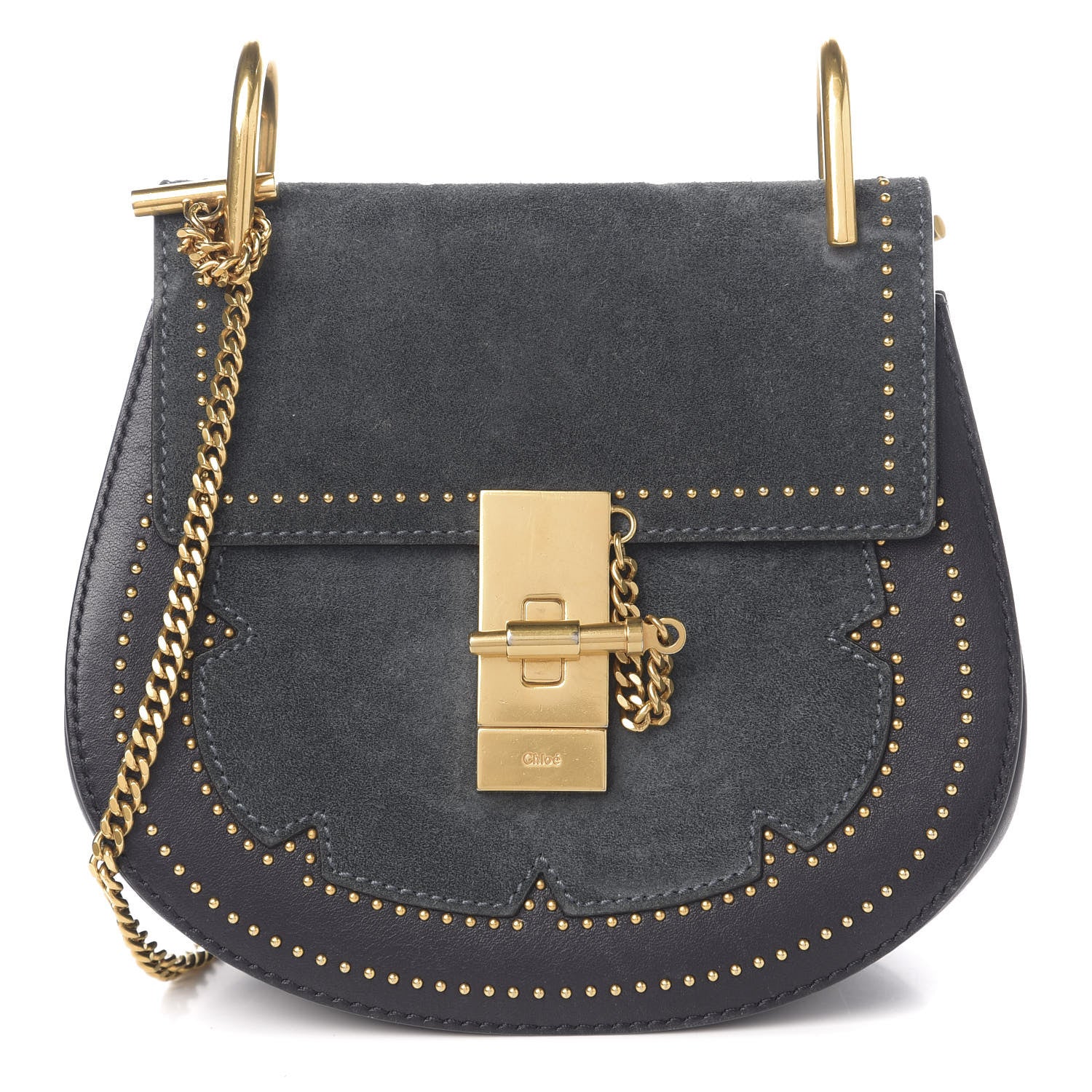 Chloe Suede Smooth Calfskin Studded Mini Drew Shoulder Bag Full Blue 1 of 8