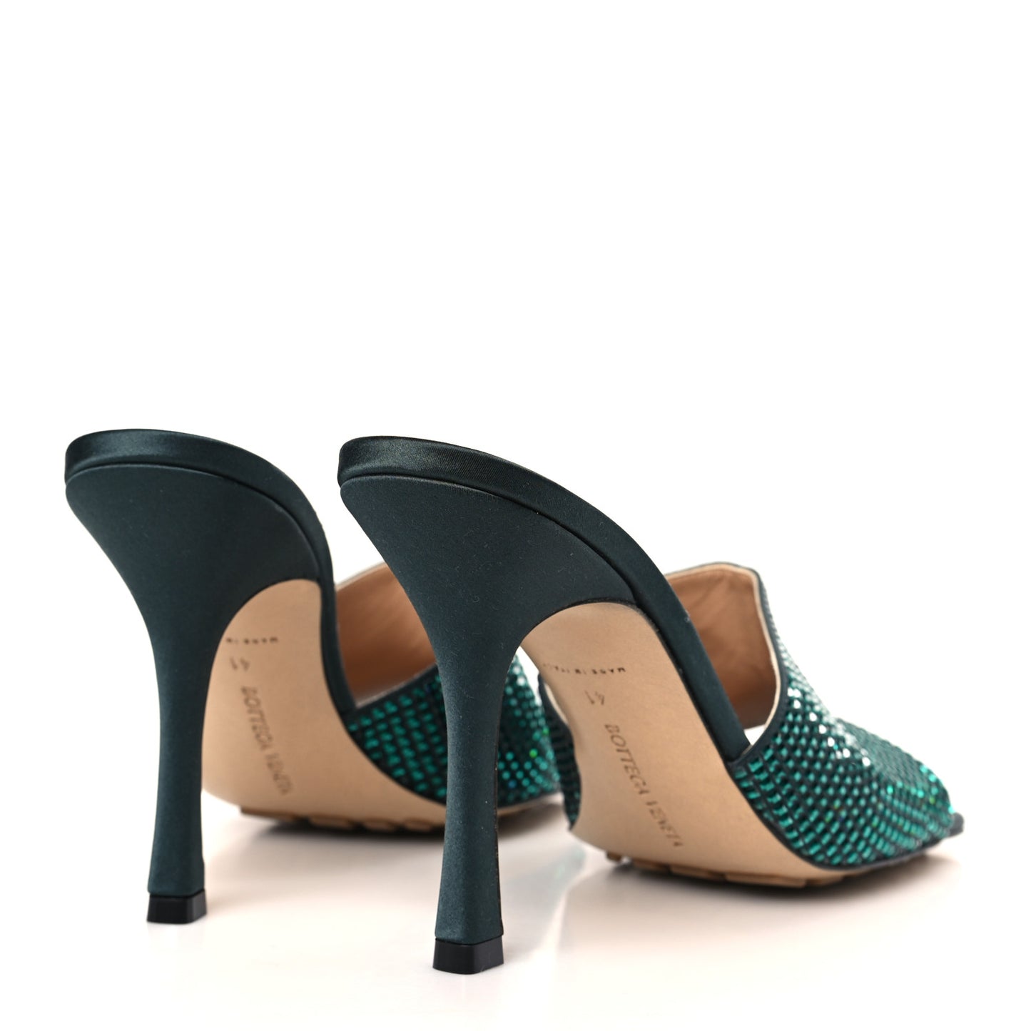 Satin Crystal Embellished Stretch Mule Sandals 41 Green