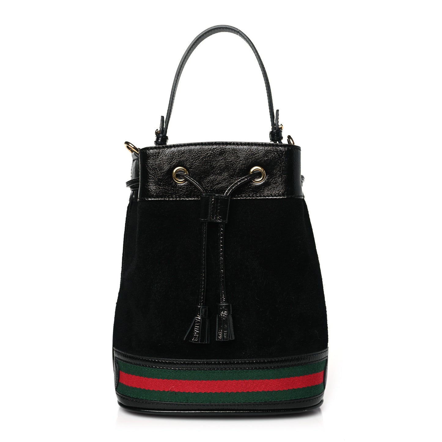 Suede Patent Web Small Ophidia Bucket Bag Black