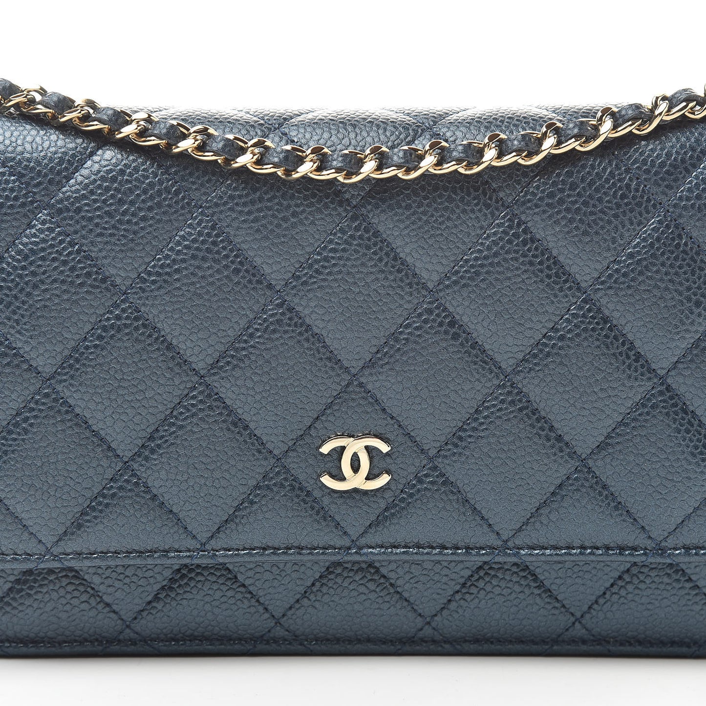 Iridescent Caviar Quilted Wallet On Chain WOC Dark Blue