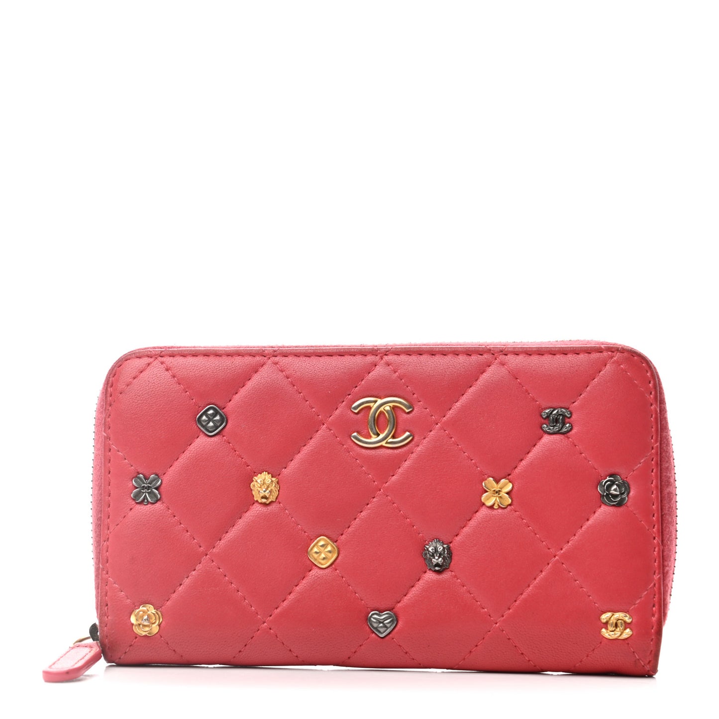 Lambskin Quilted Small Lucky Charms Zip Around Wallet Pink