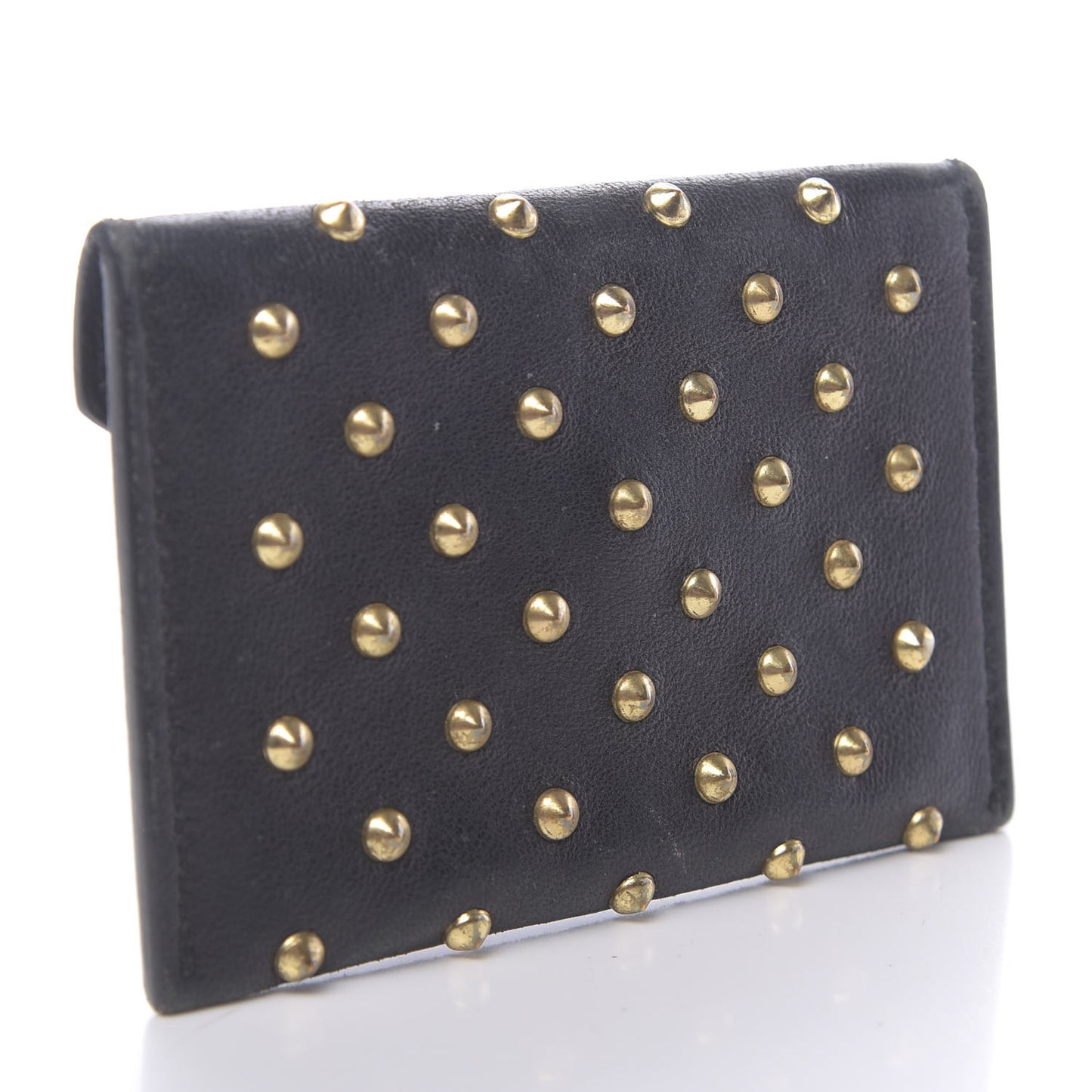 Calfskin Studded Skull Envelope Card Holder Black