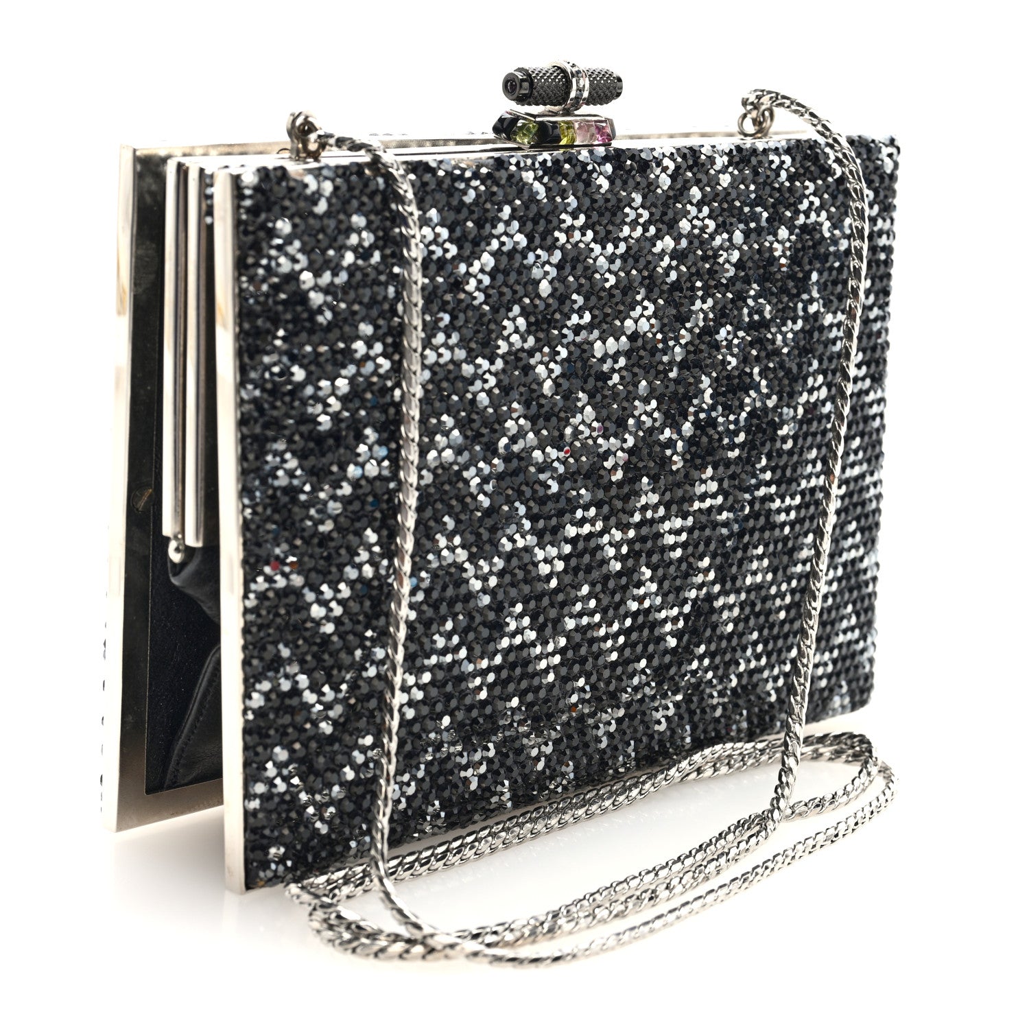 Judith Leiber Swarovski Crystal Minaudiere Clutch Black Silver 4 of 10