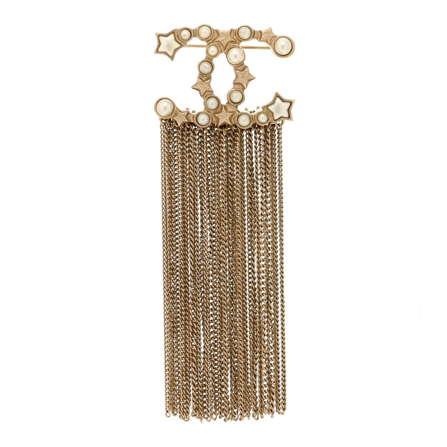 Metal Pearl Chain Fringe CC Brooch Gold