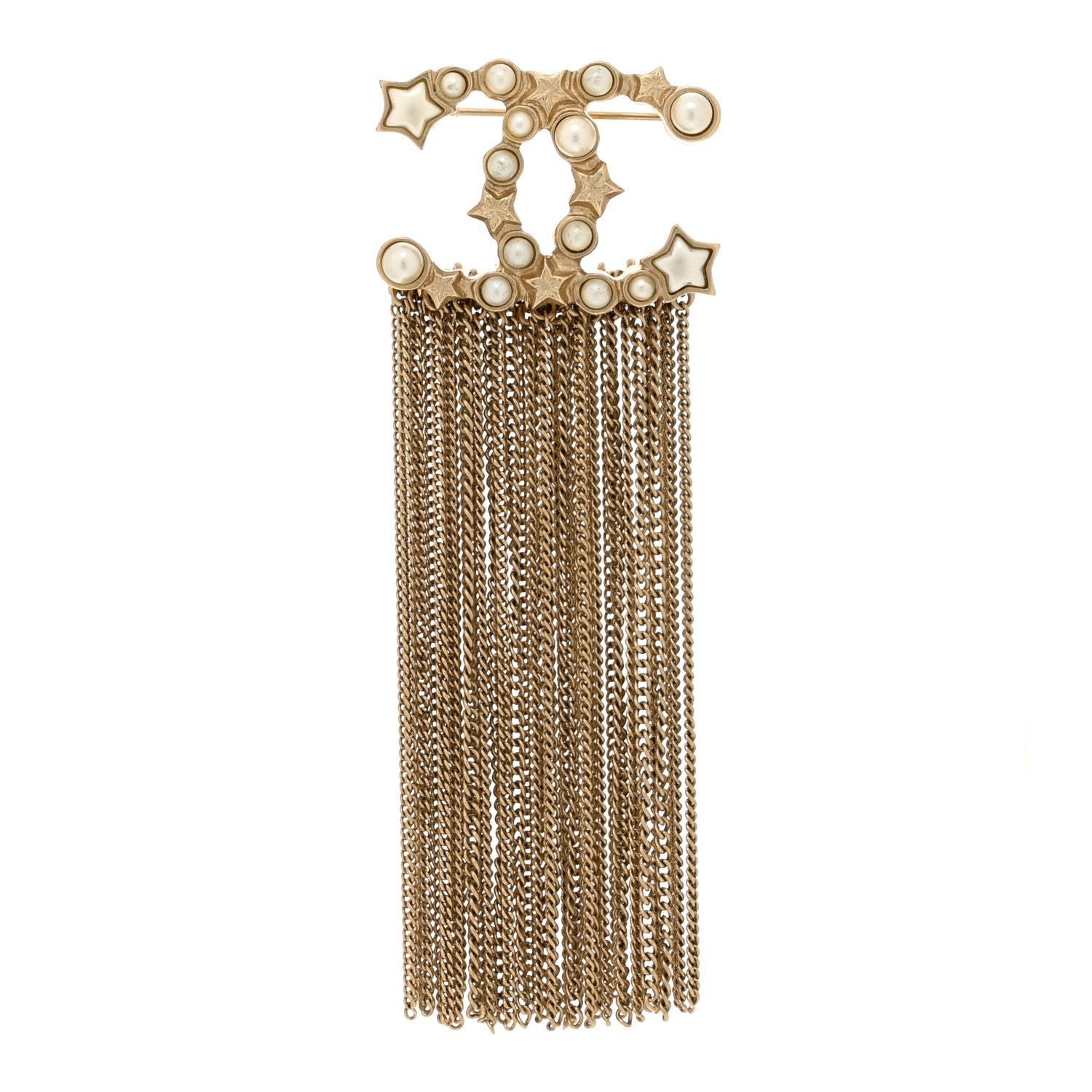 Chanel Metal Pearl Chain Fringe CC Brooch Gold 1 of 4