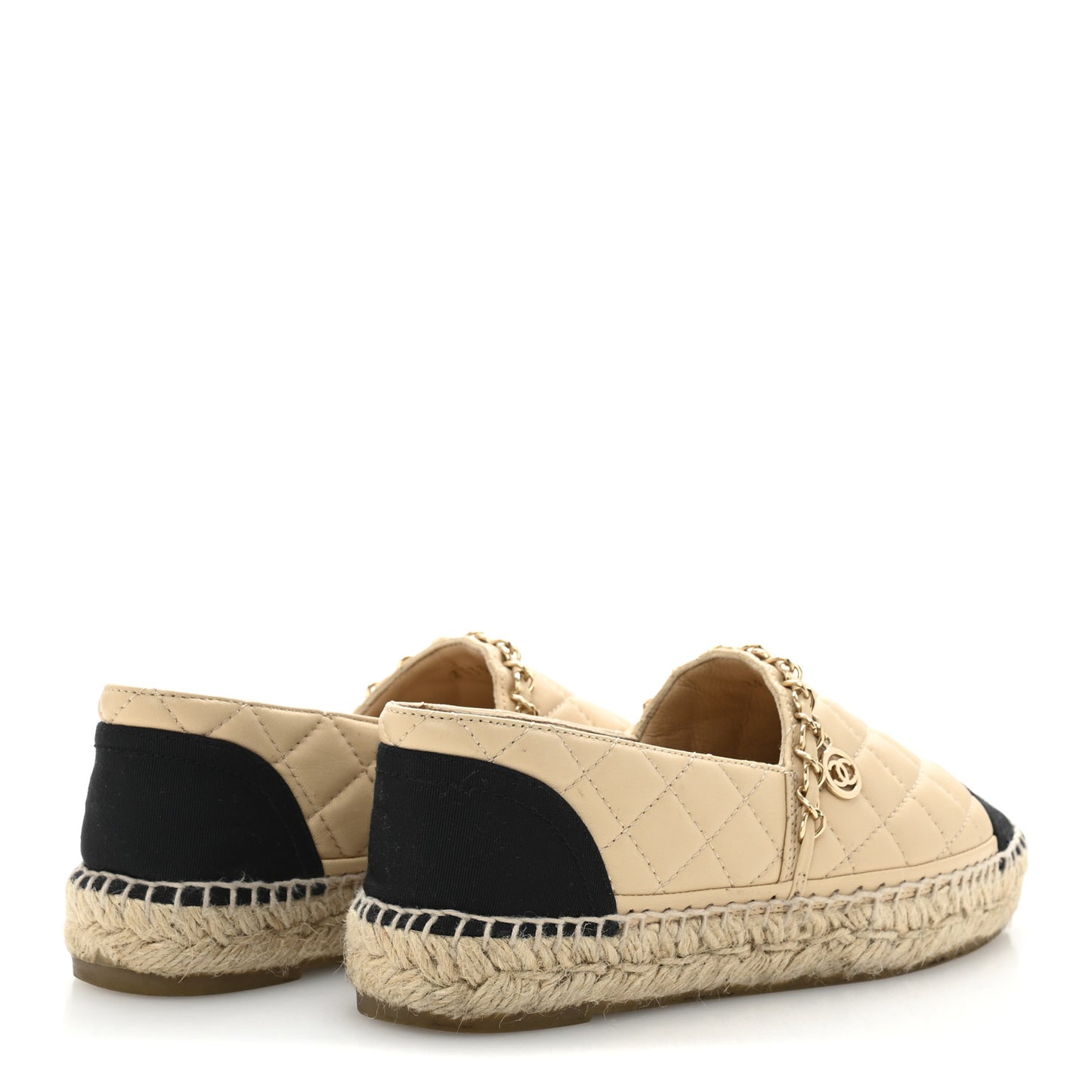 Lambskin Grosgrain Quilted CC Chain Espadrilles 35 Beige Black