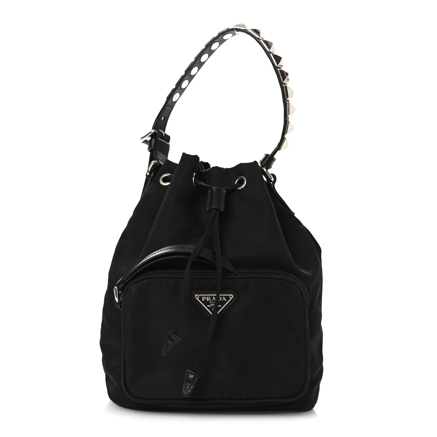 Prada Tessuto Nylon Studded New Vela Mini Bucket Crossbody Bag Black 1 of 13
