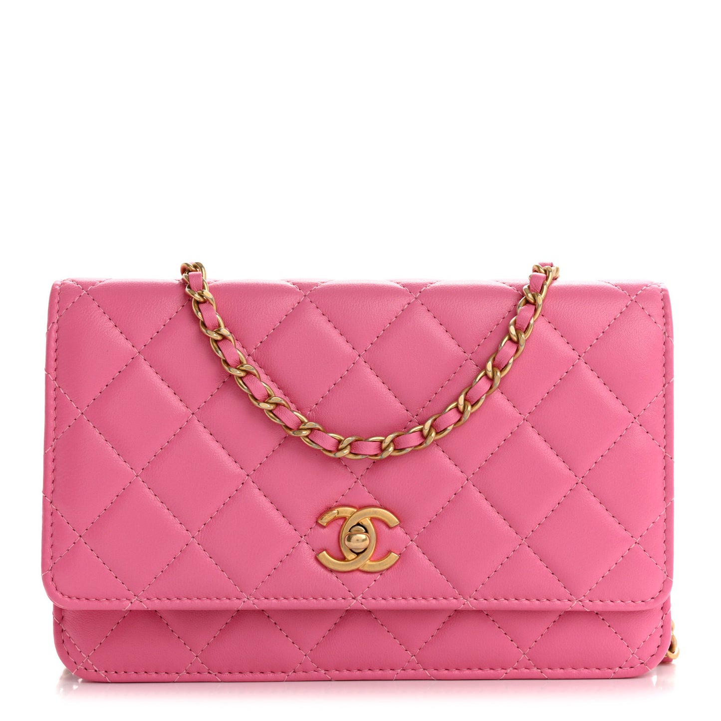Lambskin Quilted CC Pearl Crush Wallet on Chain WOC Pink