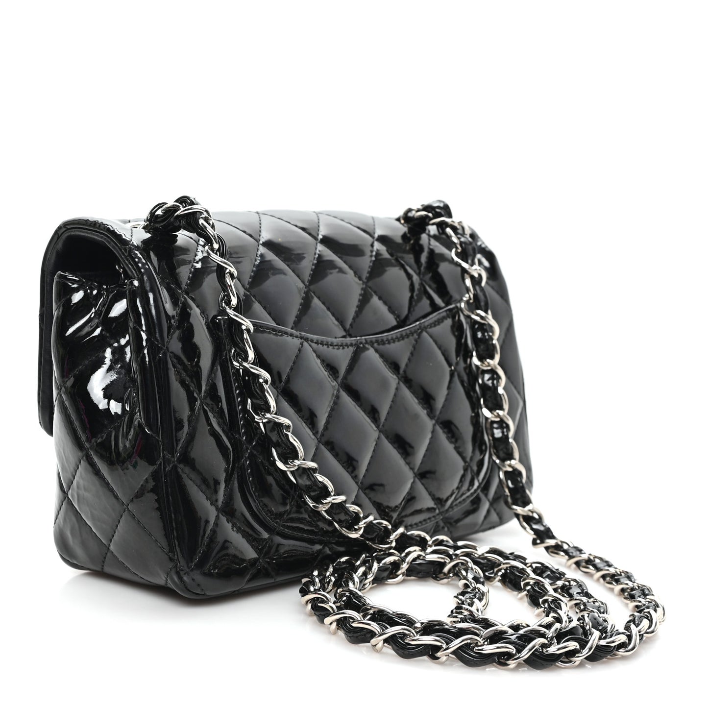 Patent Calfskin Quilted Mini Rectangular Flap Black
