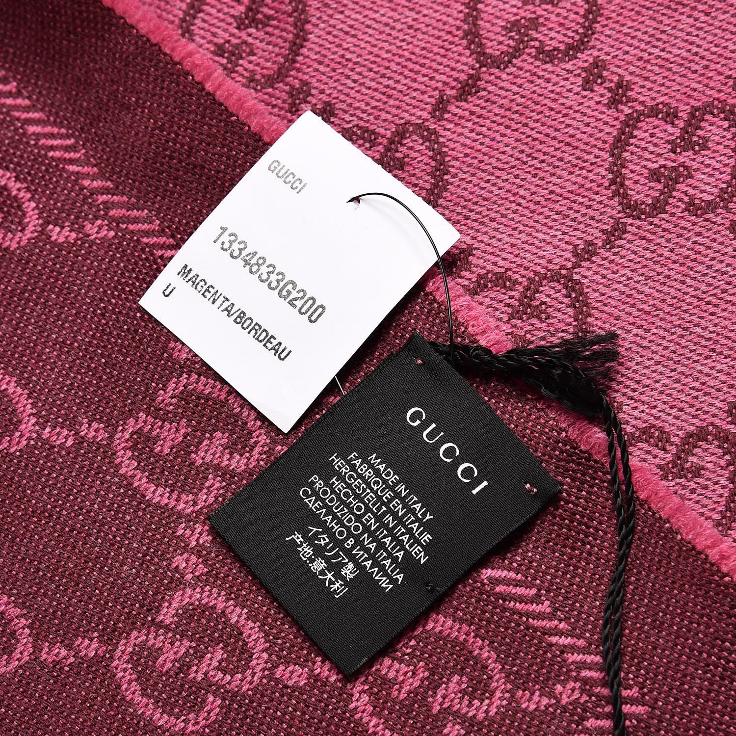 Gucci Wool Jacquard GG Monogram Sten Fringe Scarf Magenta Bordeaux 5 of 5