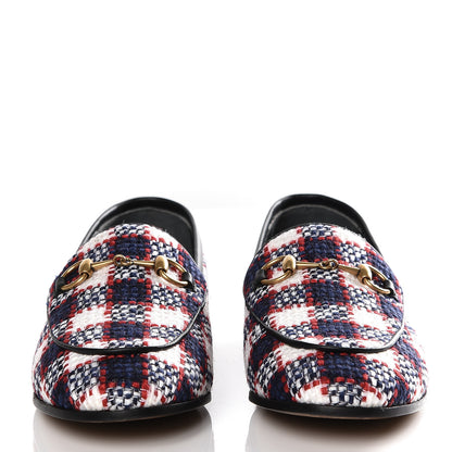 Gucci Vintage Tweed Check Horsebit Womens Jordaan Loafers 35.5 White Hibiscus Red Marine 2 of 11